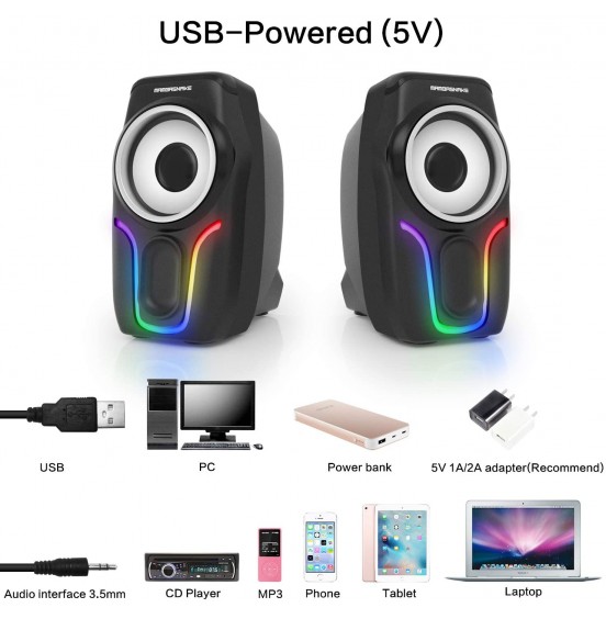 Computer Speakers,2.0 Stereo Volume Control Gaming Speakers with Surround Sound,6 RGB LED Backlit Effect,USB Powered Wired Laptop Speakers with 3.5mm for Desktop Computer/PC/Laptops(White)