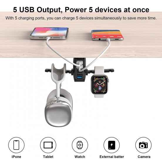 HORUMP Headphone Stand with 5 Port USB Charger, Under Desk Headset Hook Holder Hanger Mount with USB Charging Station and iWatch Stand Smart Watch Charging Dock Dual Earphone Hanger Hook