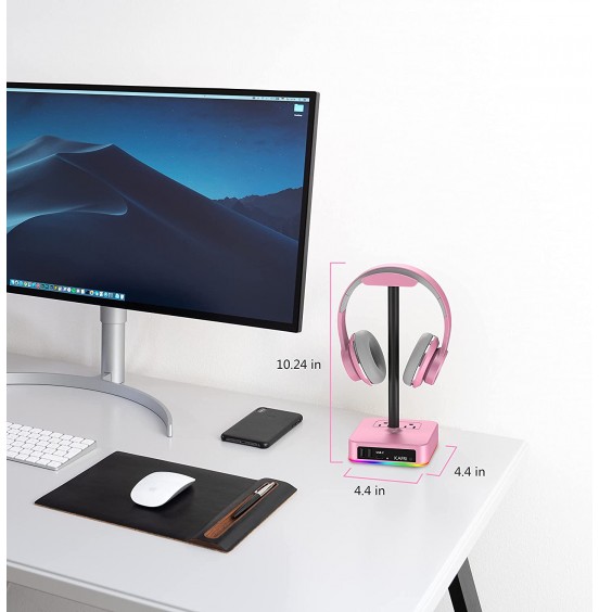 KAFRI RGB Headphone Stand with USB Charger Desk Gaming Headset Holder Hanger Rack with 3 USB Charging Port and 2 Outlet - Suitable for Gamer Desktop Table Game Earphone Accessories Boyfriend Gift