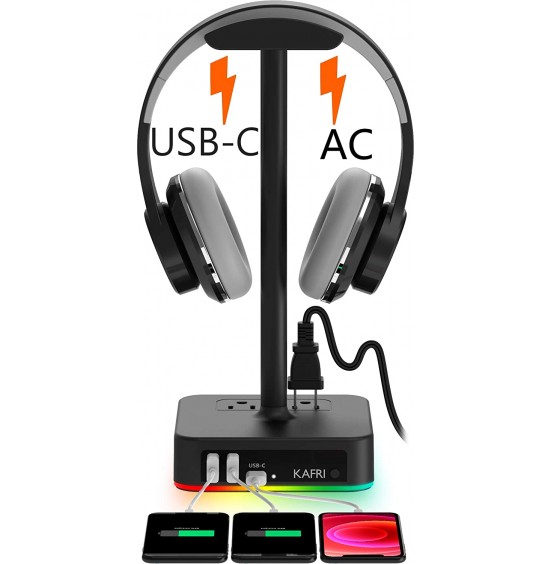 KAFRI RGB Headphone Stand with USB Charger Desk Gaming Headset Holder Hanger Rack with 3 USB Charging Port and 2 Outlet - Suitable for Gamer Desktop Table Game Earphone Accessories Boyfriend Gift