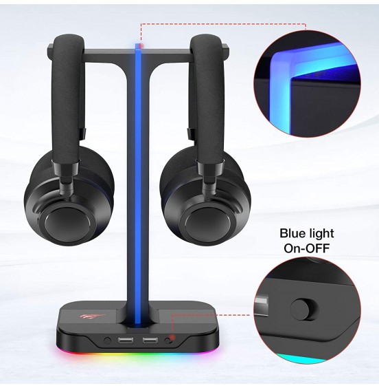 Havit RGB Gaming Headphone Stand Desk Dual Headset Hanger Base with Phone Holder &amp; 2 USB Ports for Desktop PC Game Earphone Accessories